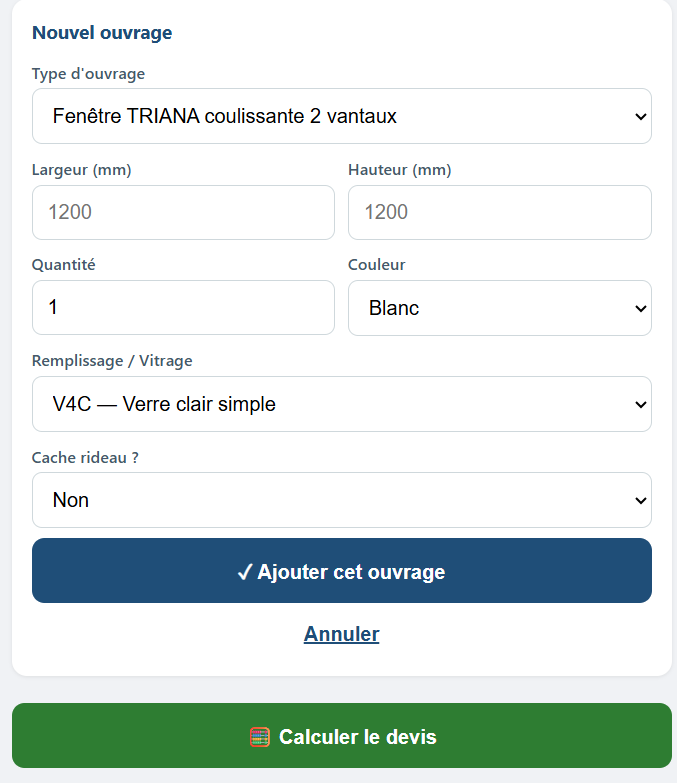 Écran ALU DS : ajouter un ouvrage (type, largeur, hauteur, couleur, vitrage)